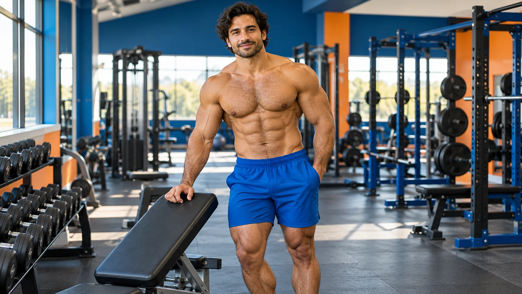 Fictional adult male bodybuilder in a gym, an original fitness illustration for Bicep Brief